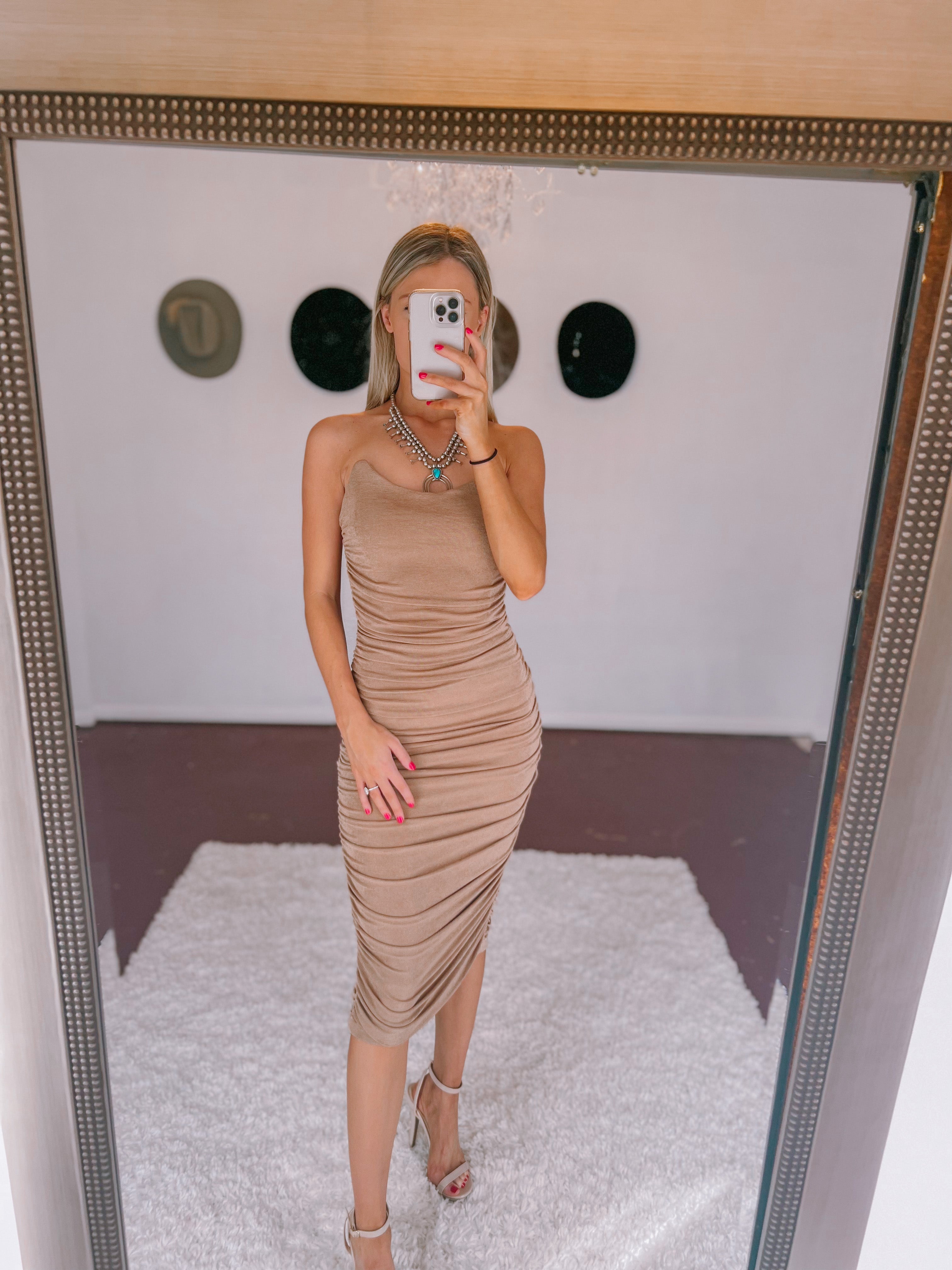 Nude strappy mesh shop ruched midaxi dress