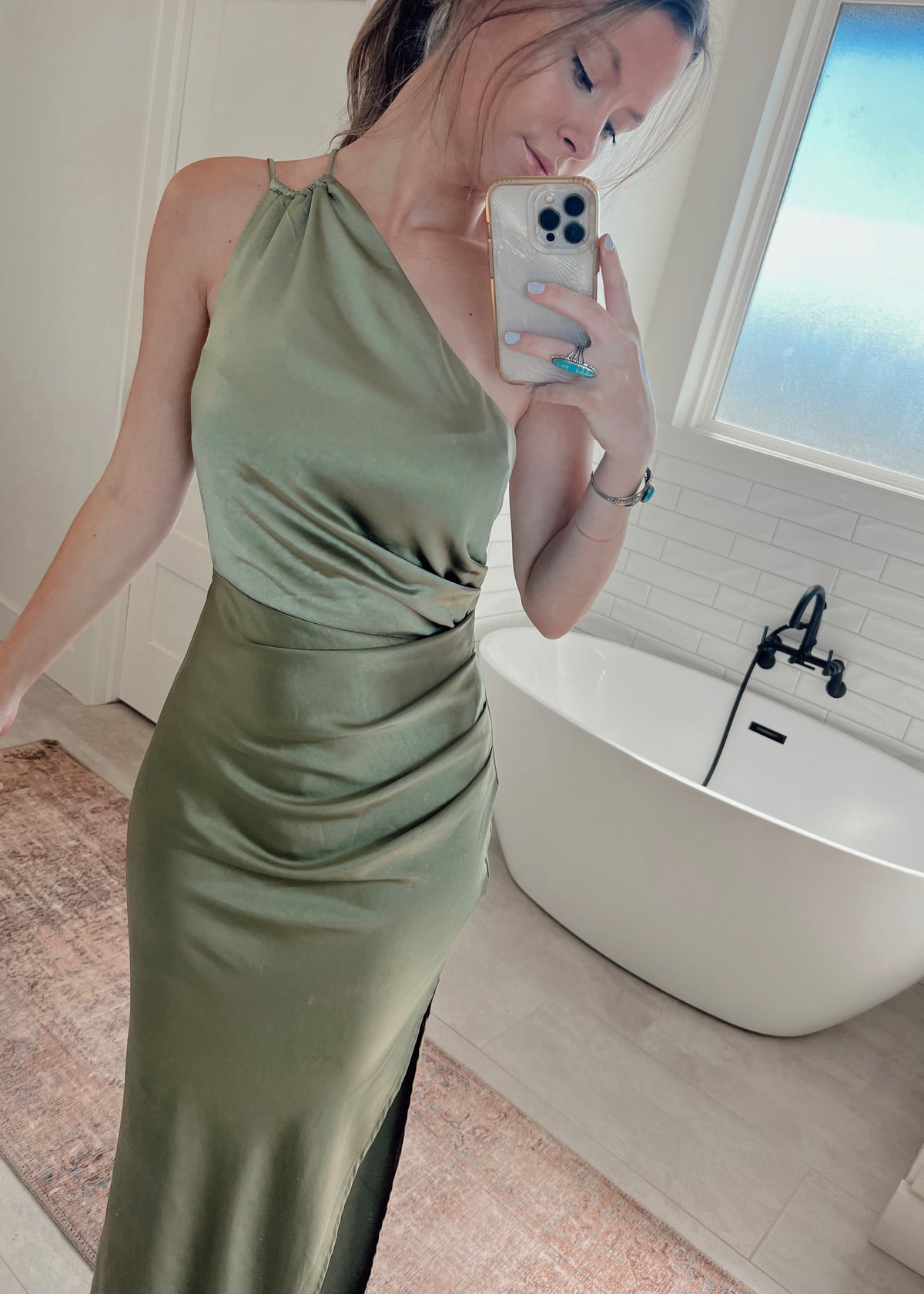 Light Olive Asymmetrical Maxi Dress